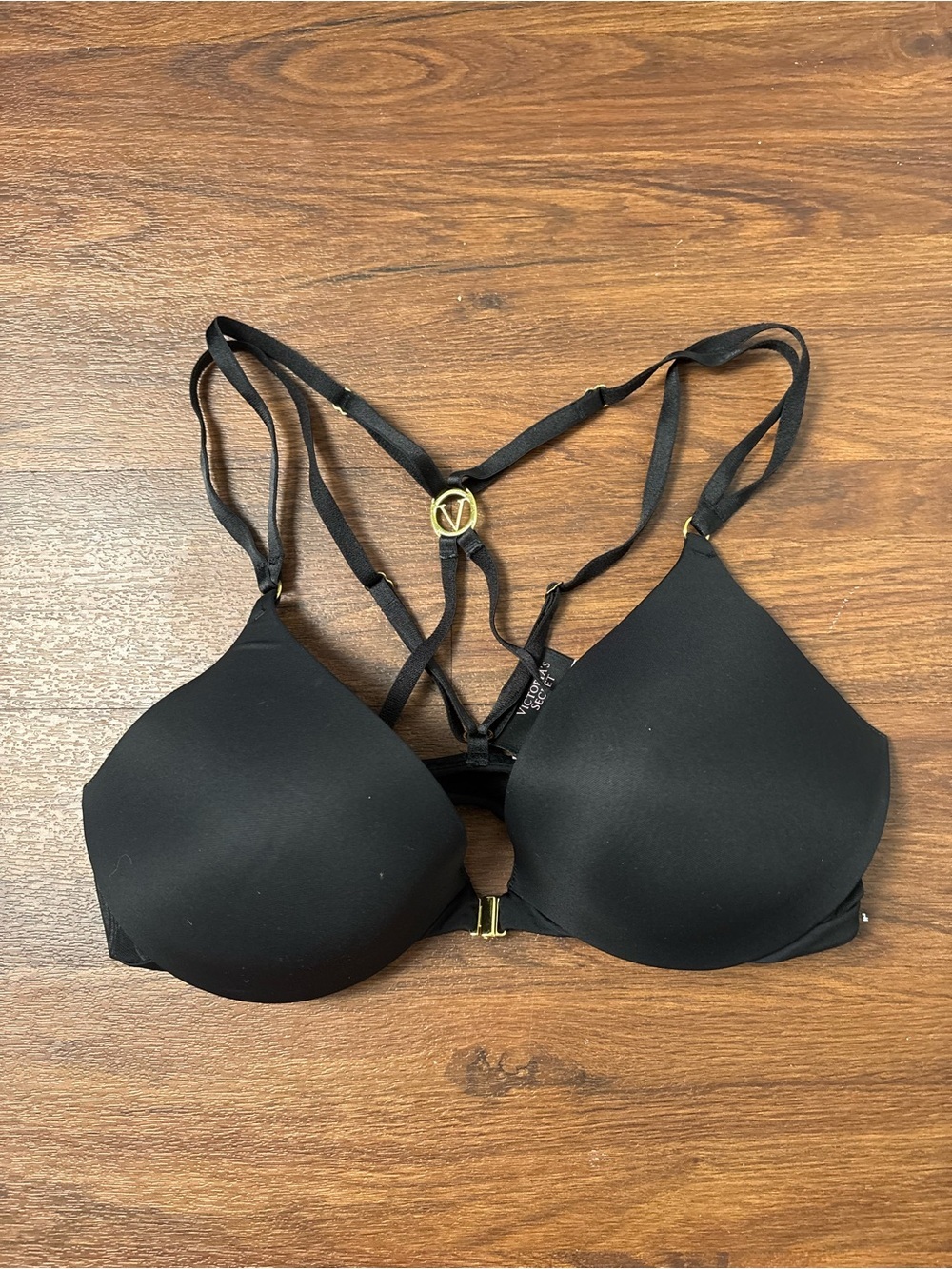 Victoria's Secret Black Strappy Molded Push-Up Bra with Gold Emblem